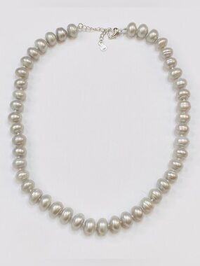 M&M 11+mm Silver Gray Baroque Button Elongated Oval Pearl Adjustable Necklace
